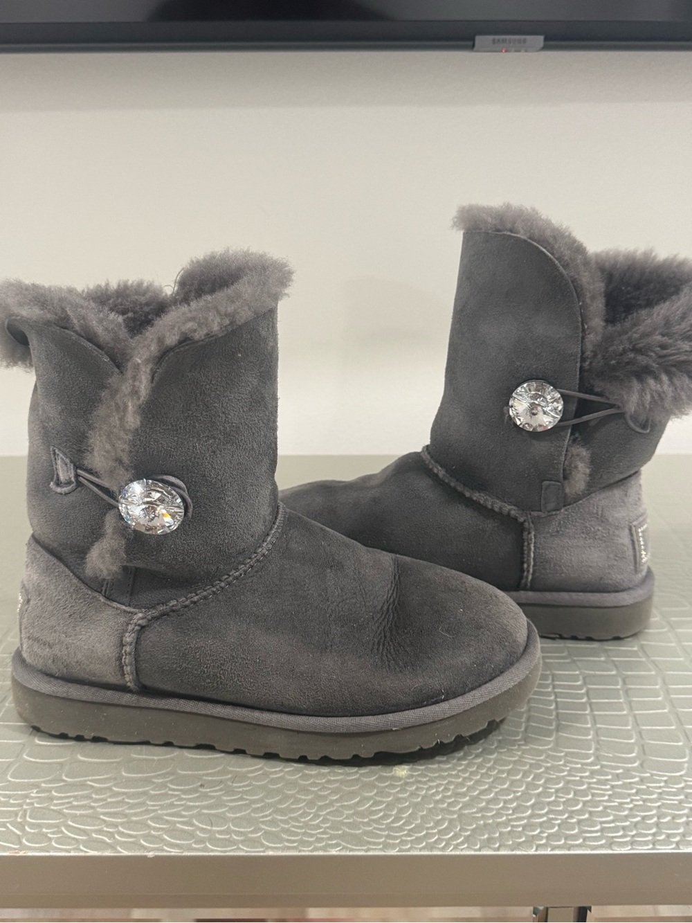 UGG Short Gray Suede Shearling Boots with Crystal Button